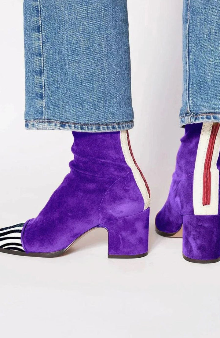 Women's Suede Square-Toe Block-Heel Ankle Boots - Purple