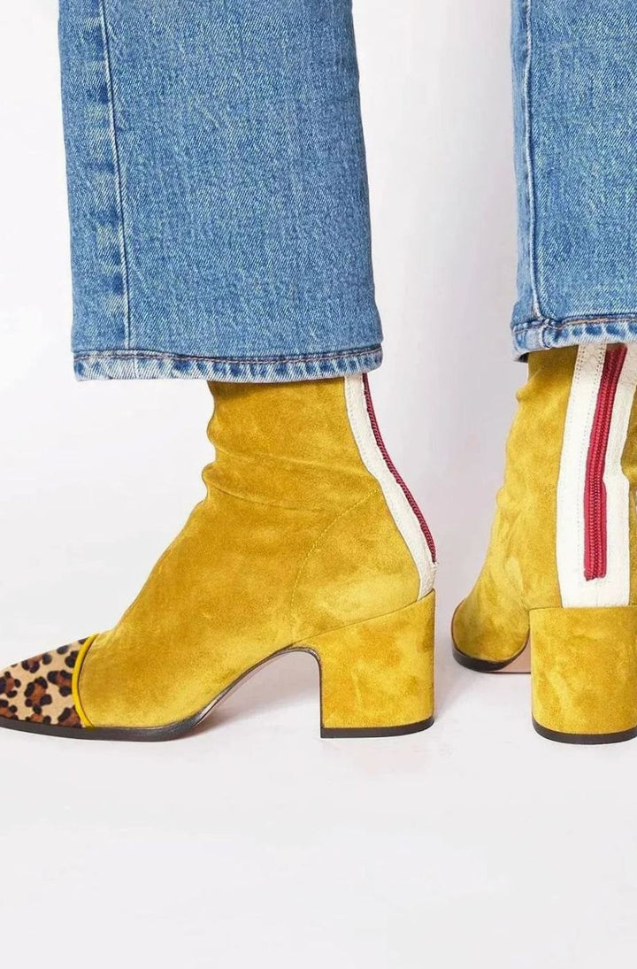 Women's Suede Square-Toe Block-Heel Ankle Boots - Yellow