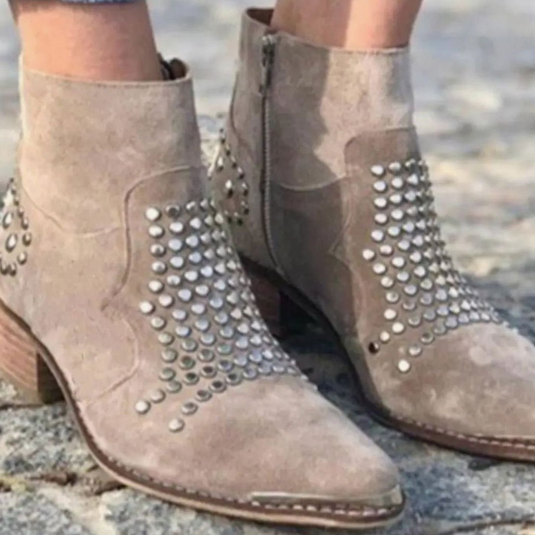 Women's Suede Studded Pointed-Toe Block-Heel Ankle Boots