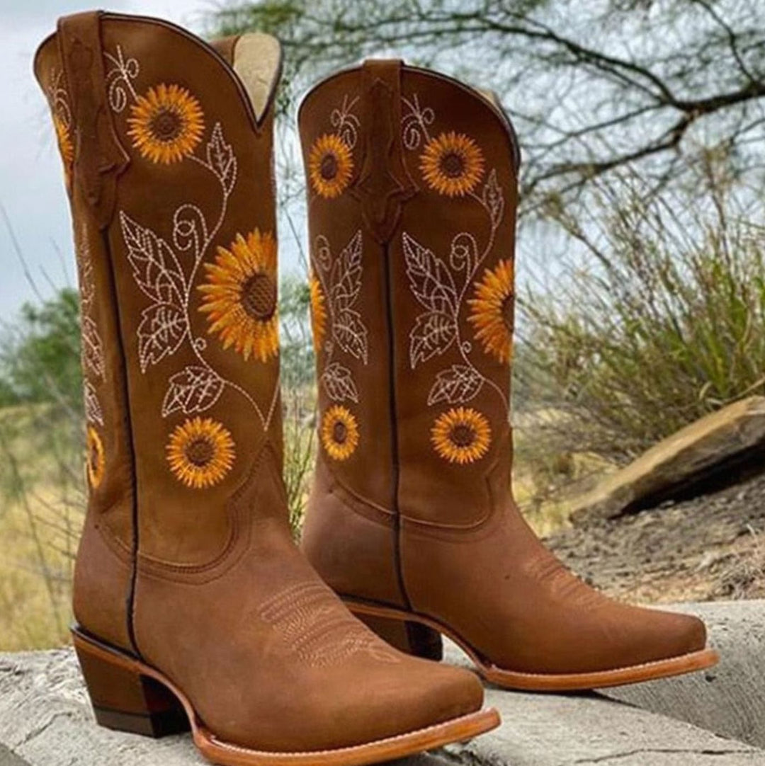 Women's Sunflower-Embroidered Knee-High Western Cowboy Boots