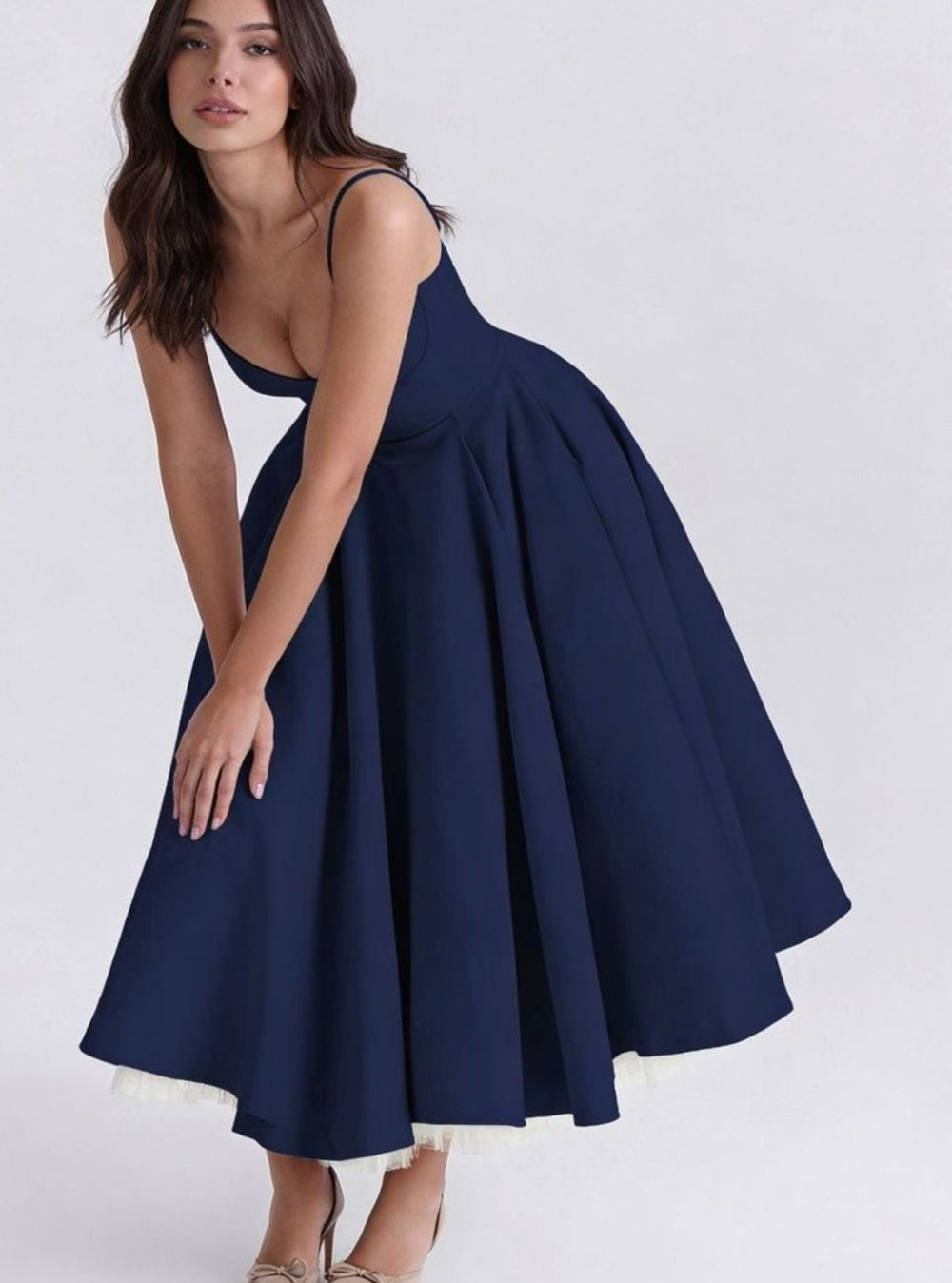 Women's Sweetheart Corset Midi Flared Party Dress Tulle Trim