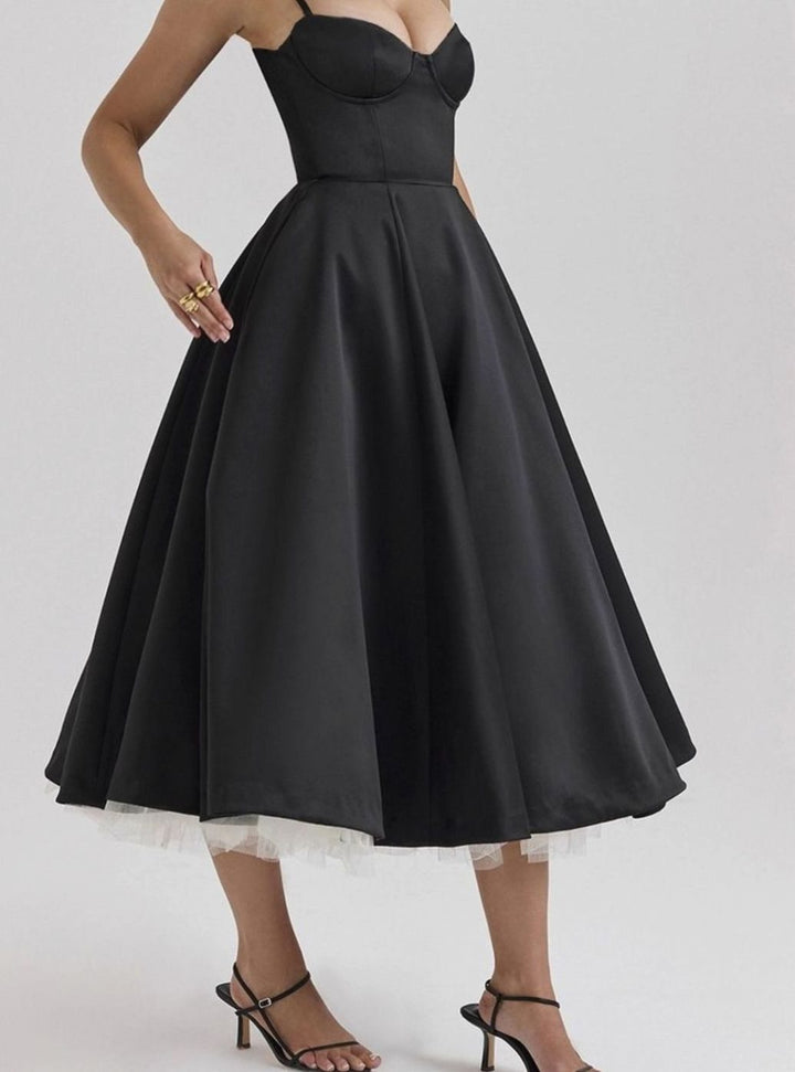 Women's Sweetheart Corset Midi Flared Party Dress Tulle Trim
