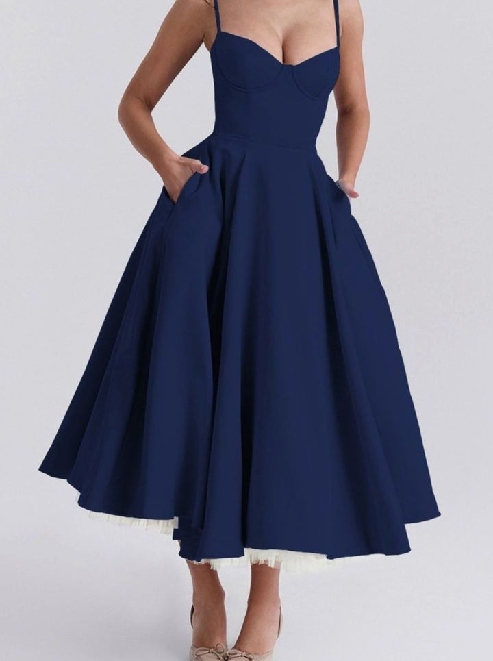 Women's Sweetheart Corset Midi Flared Party Dress Tulle Trim