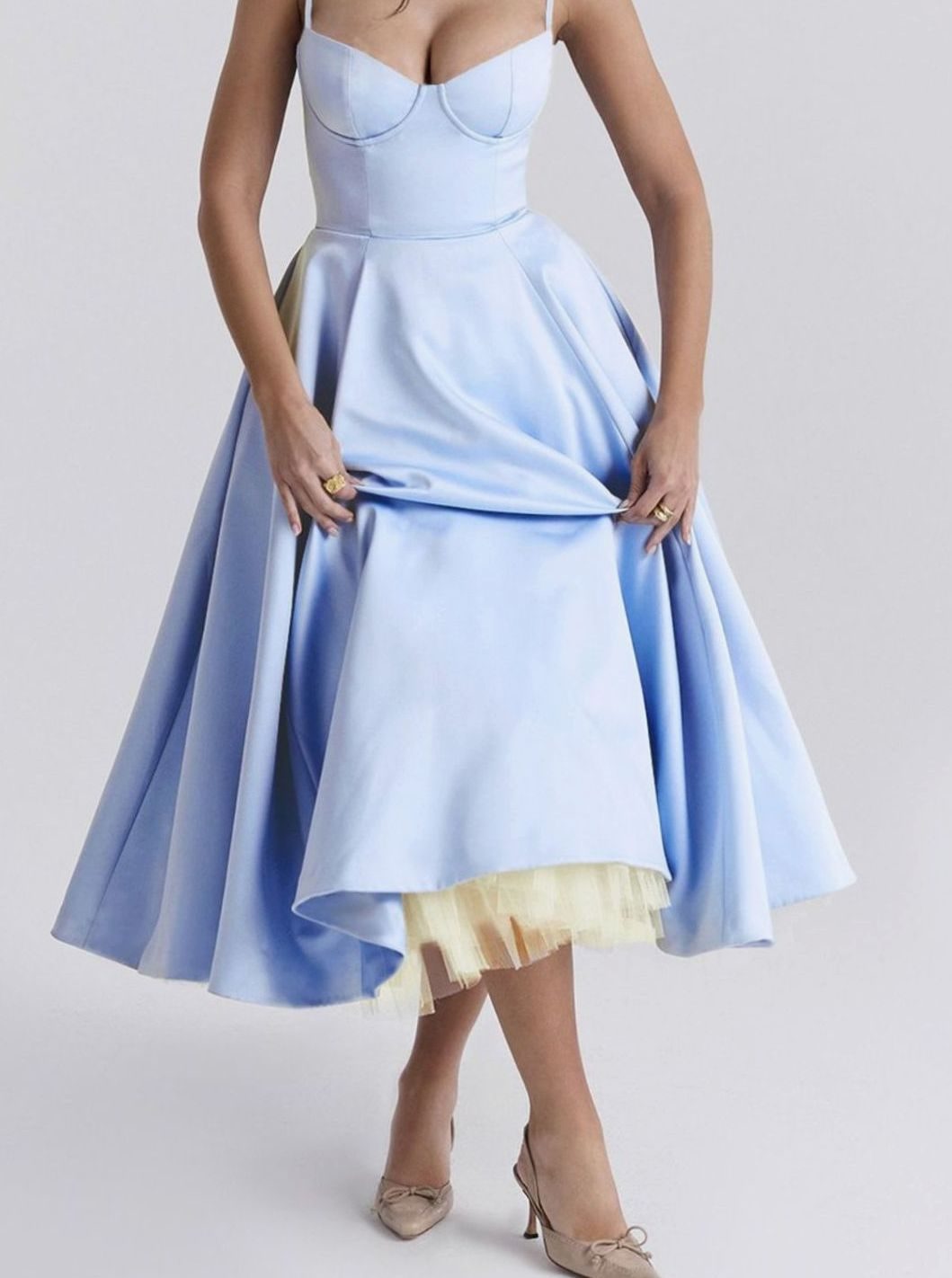 Women's Sweetheart Corset Midi Flared Party Dress Tulle Trim