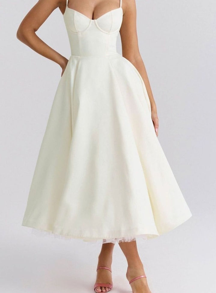 Women's Sweetheart Corset Midi Flared Party Dress Tulle Trim