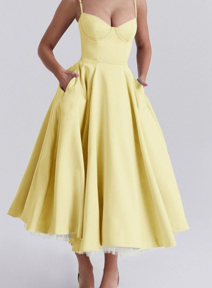 Women's Sweetheart Corset Midi Flared Party Dress Tulle Trim