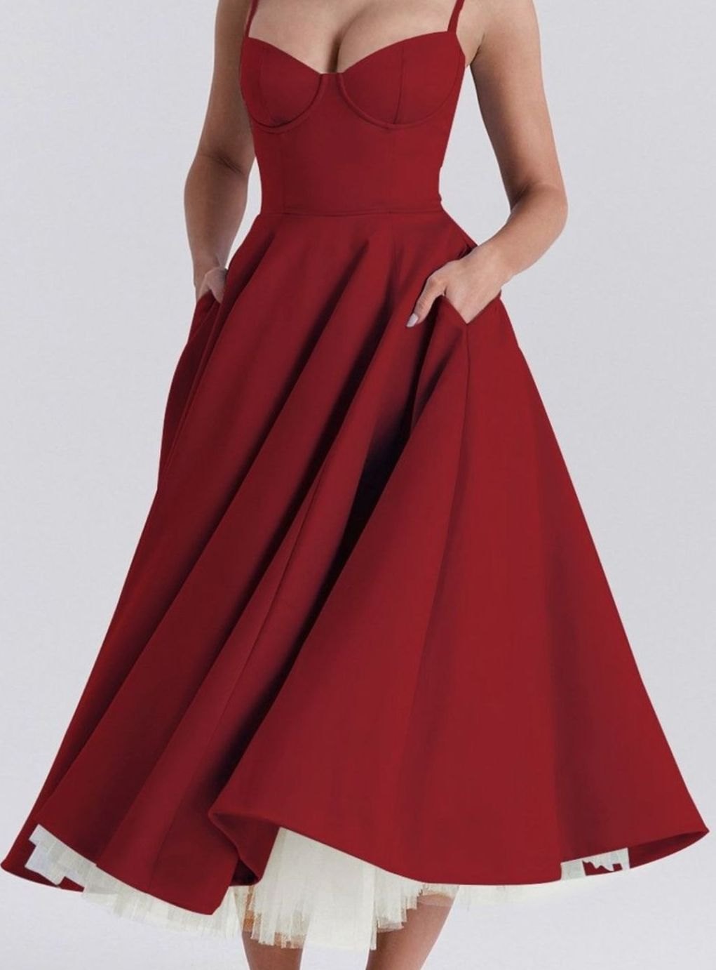 Women's Sweetheart Corset Midi Flared Party Dress Tulle Trim