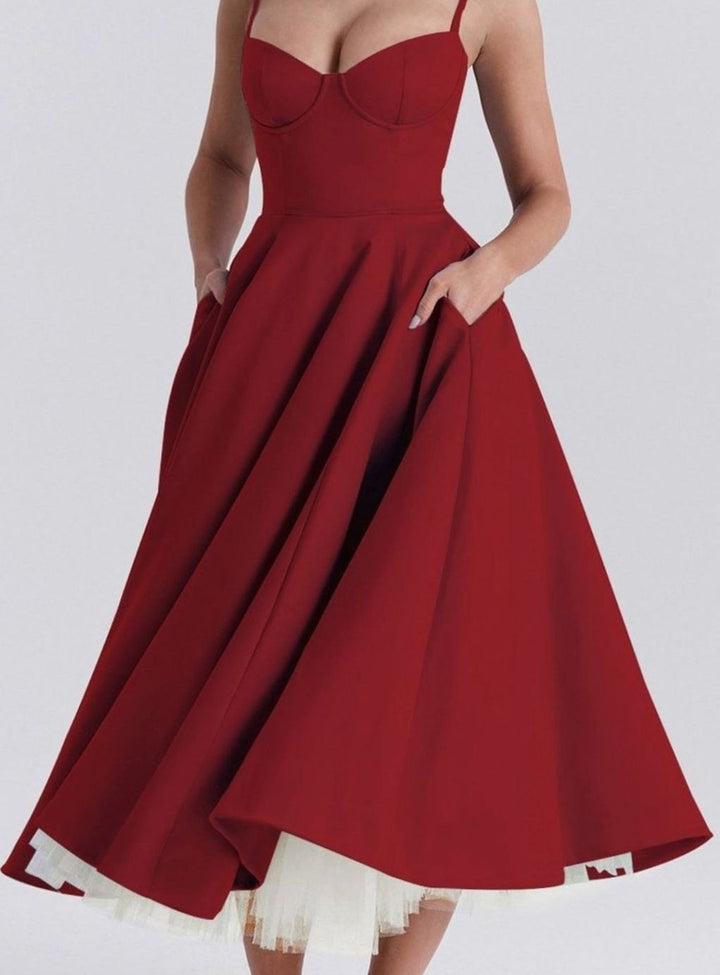 Women's Sweetheart Corset Midi Flared Party Dress Tulle Trim