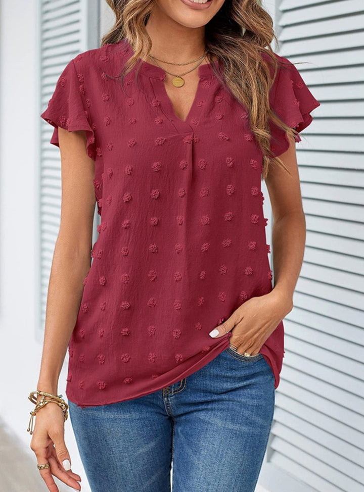 Women's Swiss Dot Flutter-Sleeve Notch-Neck Blouse - Burgundy