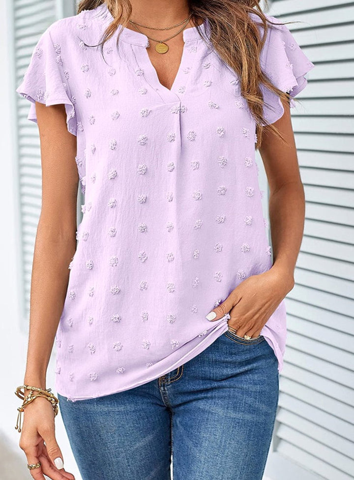 Women's Swiss Dot Flutter-Sleeve Notch-Neck Blouse - Lilac