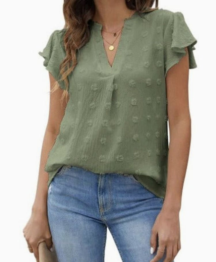 Women's Swiss Dot Flutter-Sleeve Notch-Neck Blouse - Khaki Green