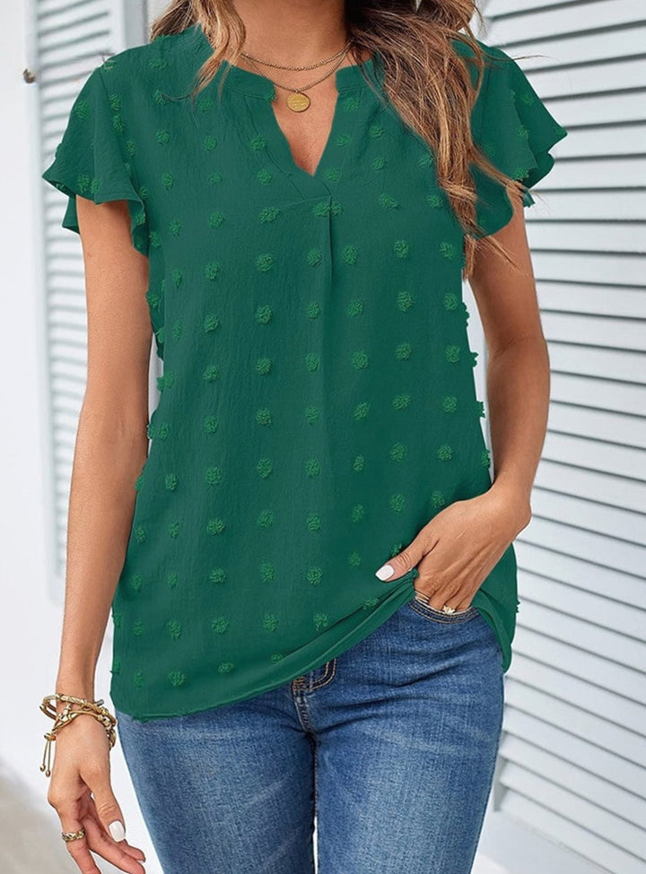 Women's Swiss Dot Flutter-Sleeve Notch-Neck Blouse