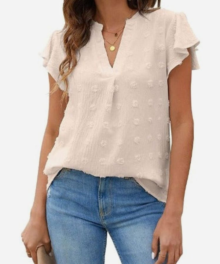 Women's Swiss Dot Flutter-Sleeve Notch-Neck Blouse - Apricot
