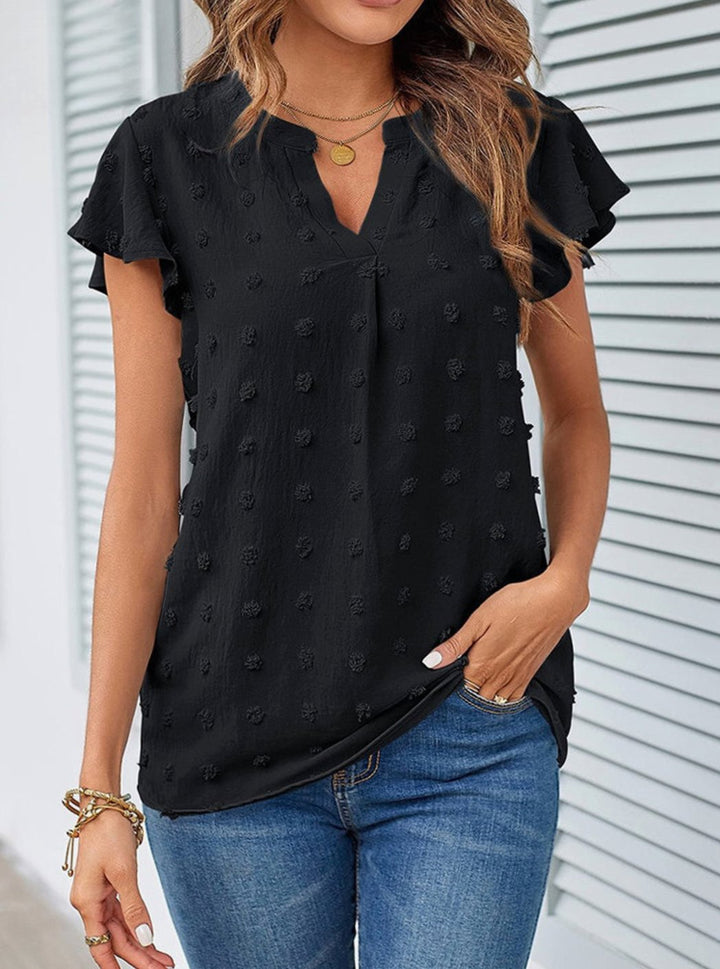 Women's Swiss Dot Flutter-Sleeve Notch-Neck Blouse - Black