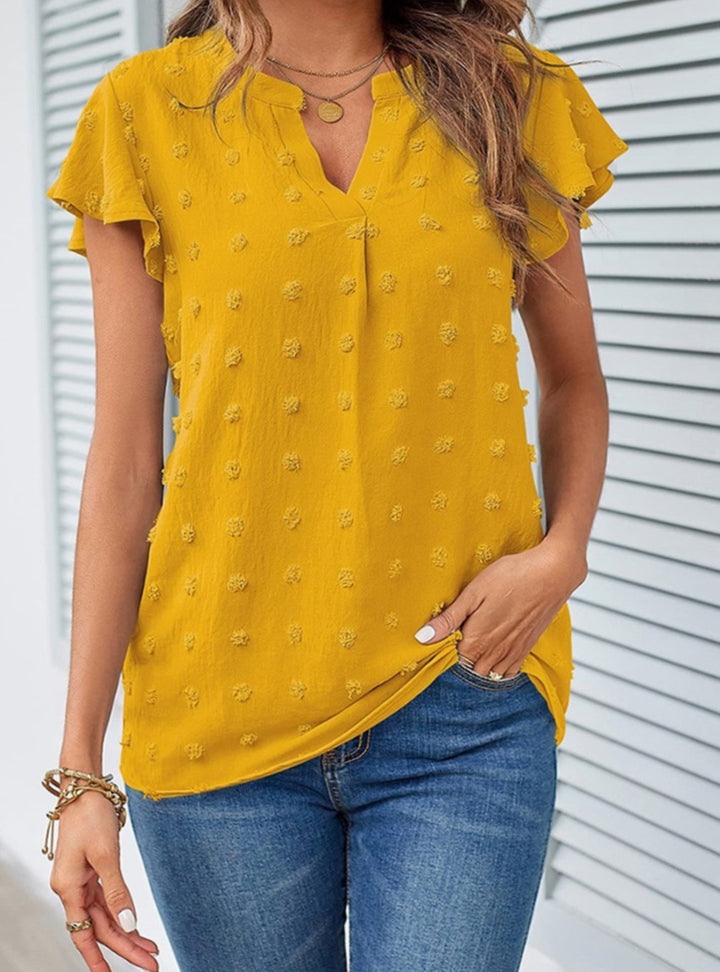 Women's Swiss Dot Flutter-Sleeve Notch-Neck Blouse - Yellow