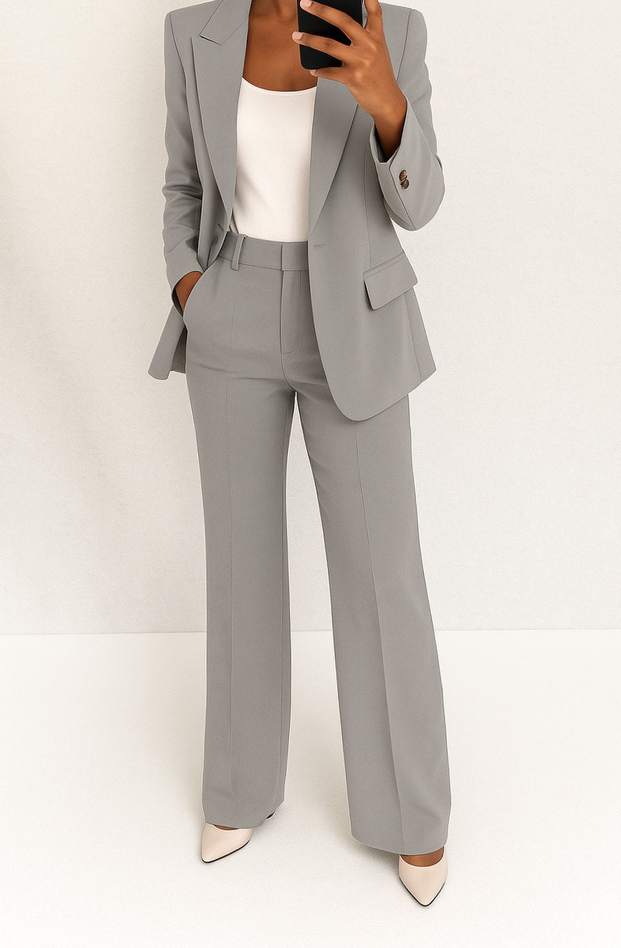 Women's Tailored Single-Button Blazer Trouser Suit Set - Grey