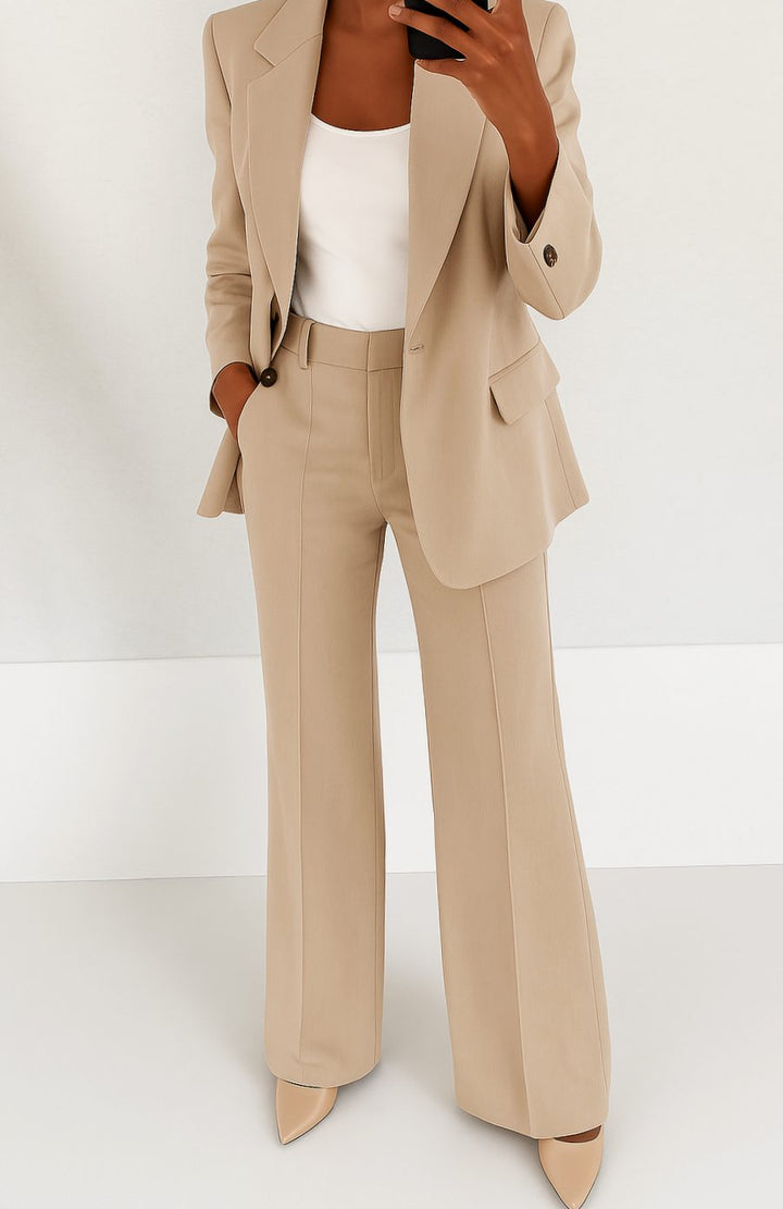 Women's Tailored Single-Button Blazer Trouser Suit Set - Beige