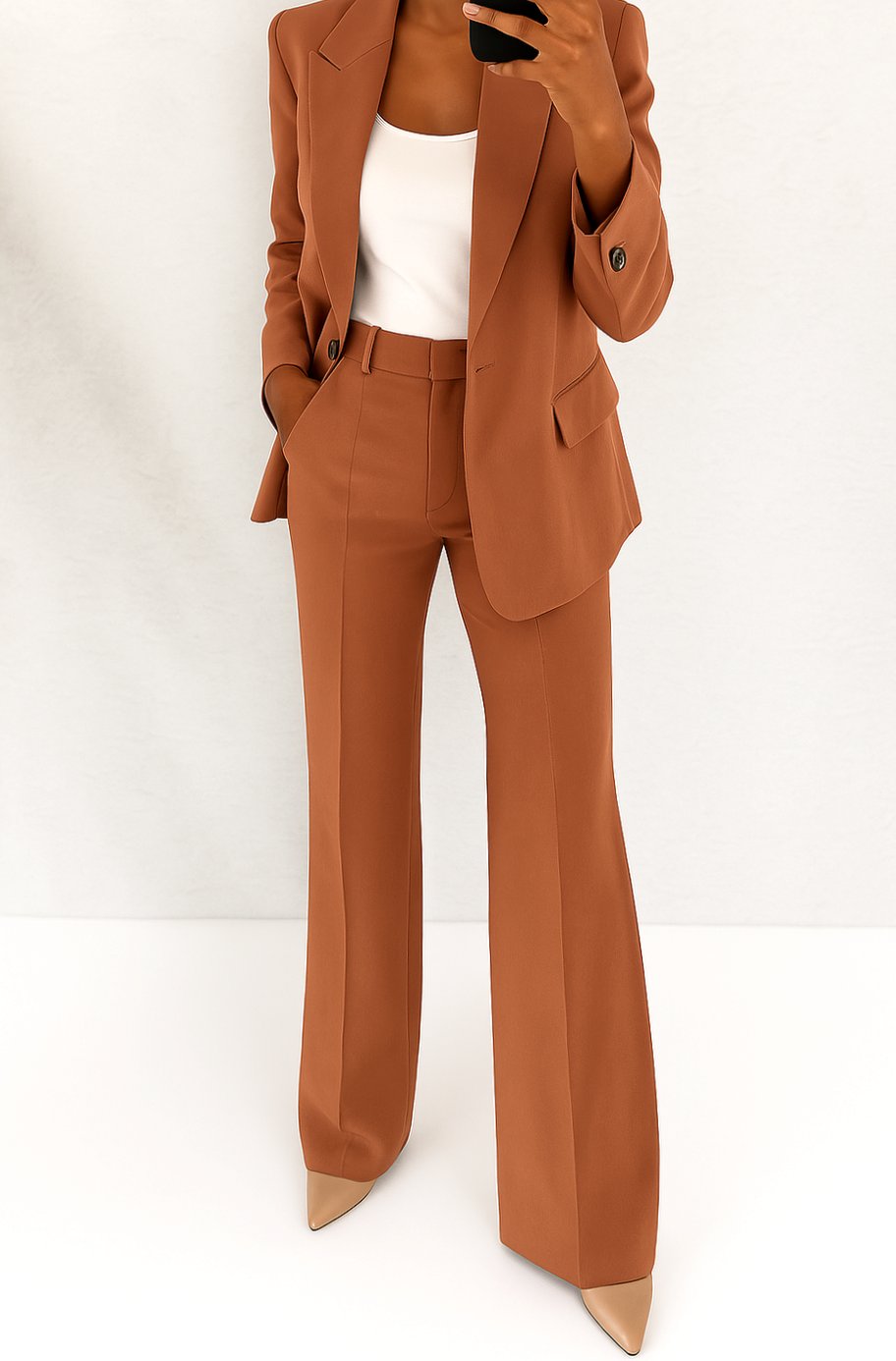 Women's Tailored Single-Button Blazer Trouser Suit Set - Brown