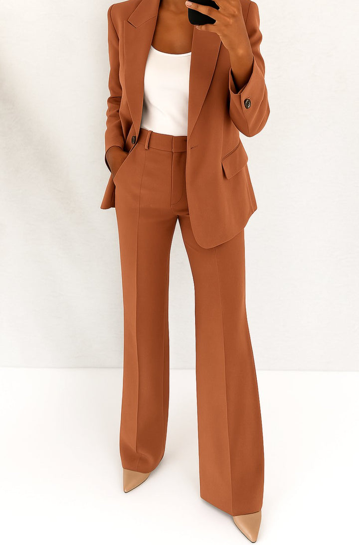 Women's Tailored Single-Button Blazer Trouser Suit Set - Brown