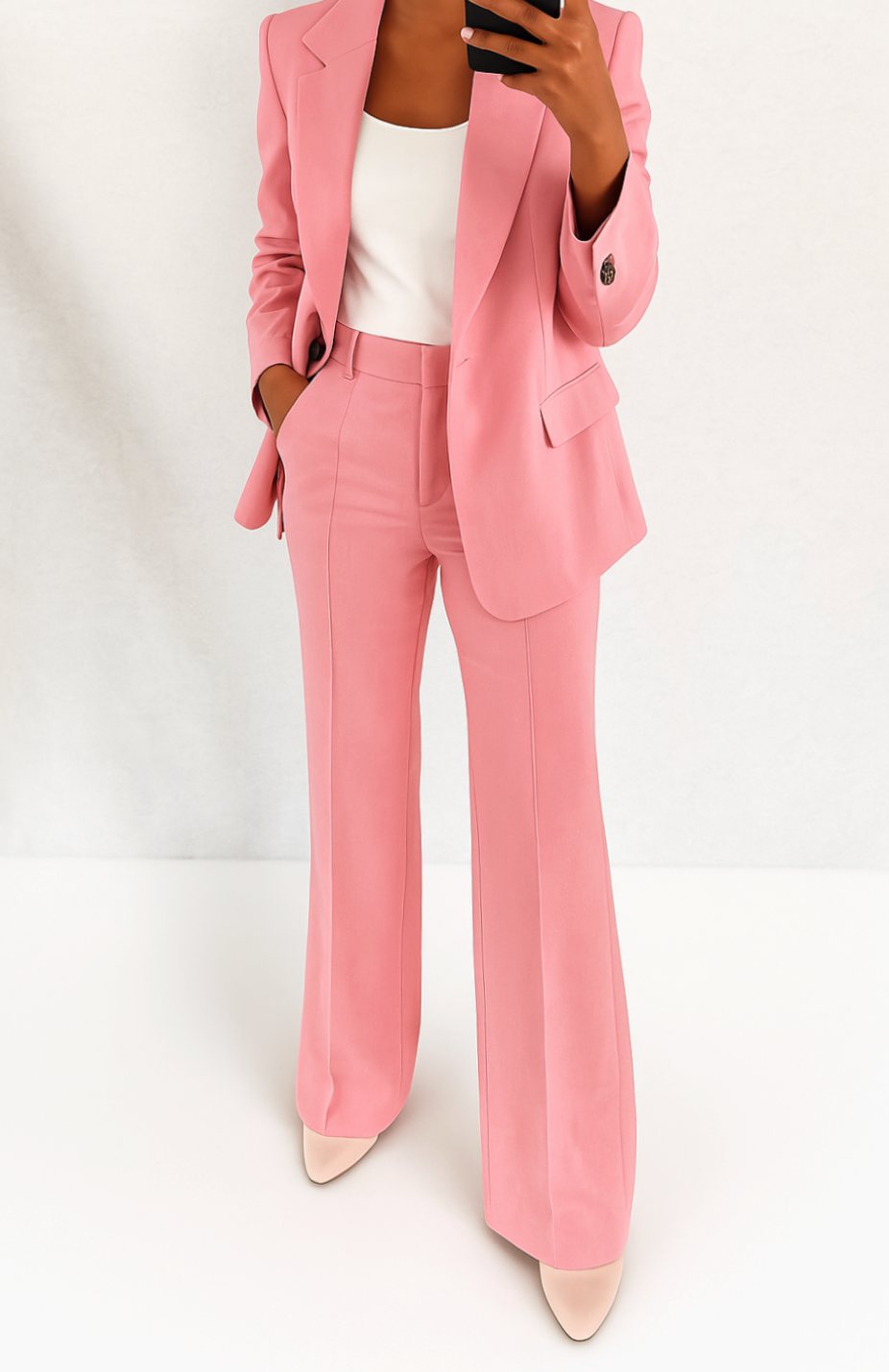 Women's Tailored Single-Button Blazer Trouser Suit Set - Pink