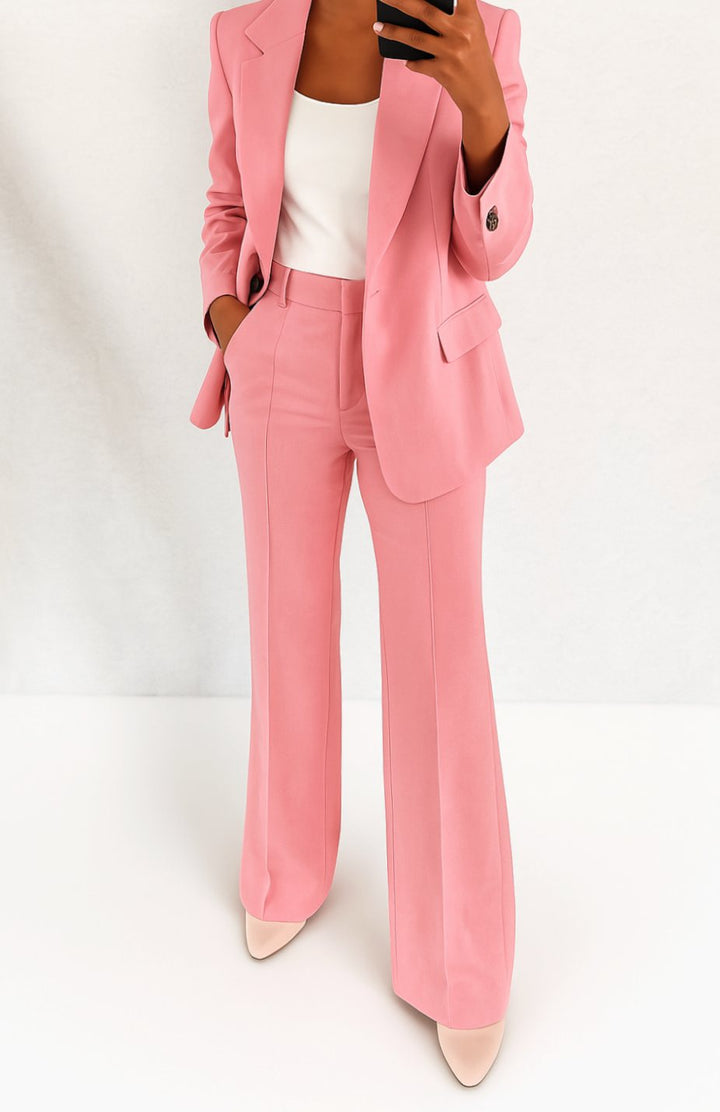 Women's Tailored Single-Button Blazer Trouser Suit Set - Pink