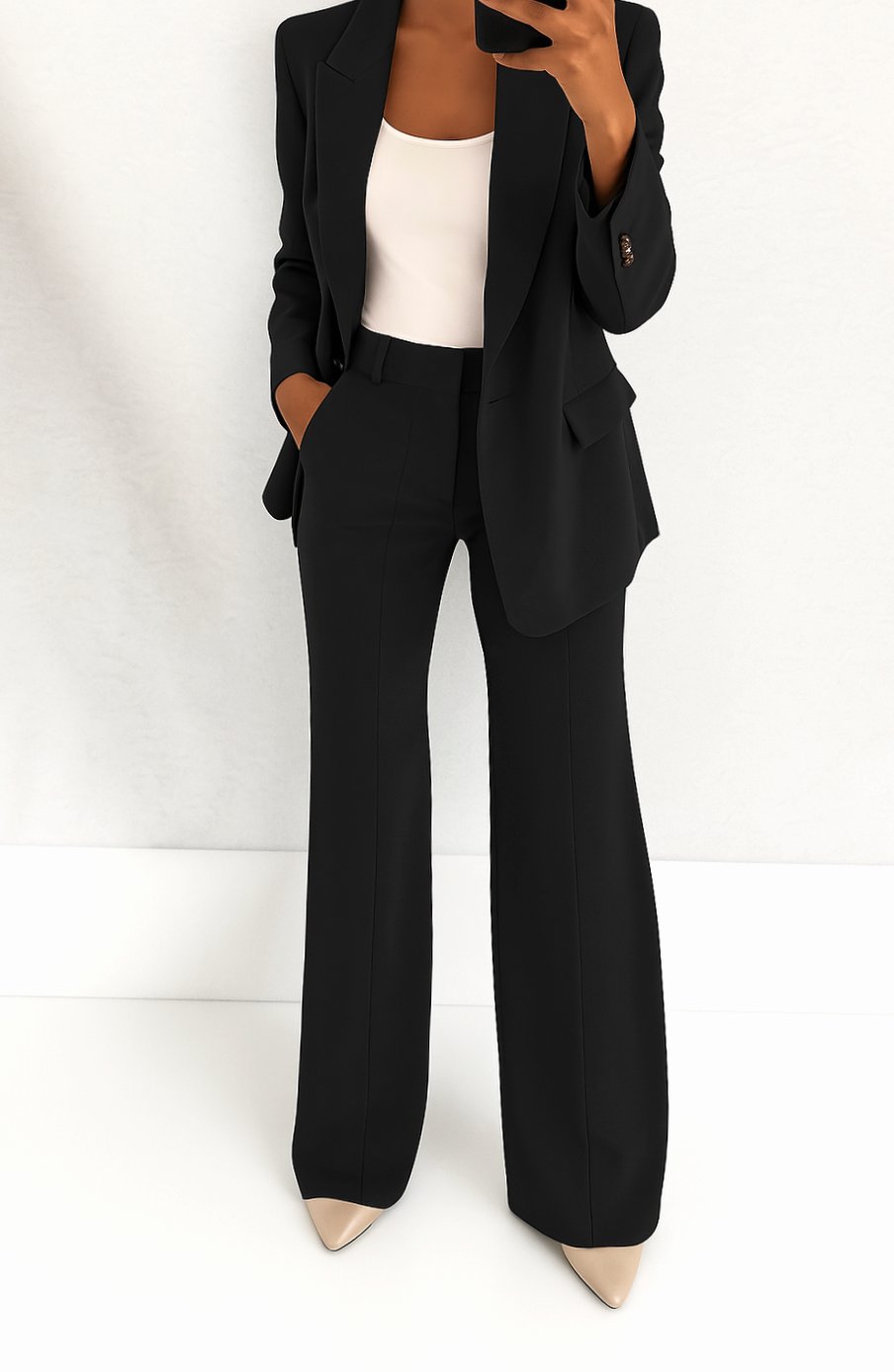 Women's Tailored Single-Button Blazer Trouser Suit Set - Black
