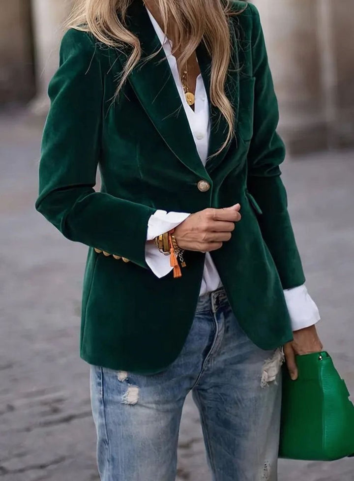 Women's Tailored Velvet Single-Button Blazer Jacket - Green