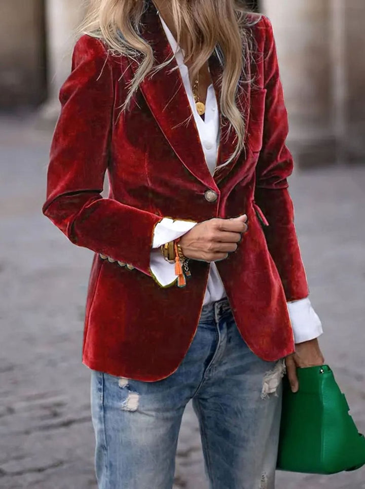Women's Tailored Velvet Single-Button Blazer Jacket - Red