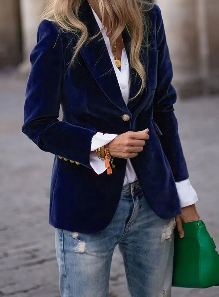 Women's Tailored Velvet Single-Button Blazer Jacket - Navy Blue