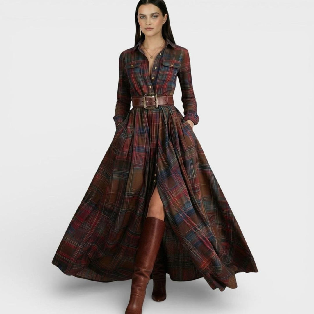 Women's Tartan Belted Long-Sleeve Flared Maxi Shirt Dress, Brown