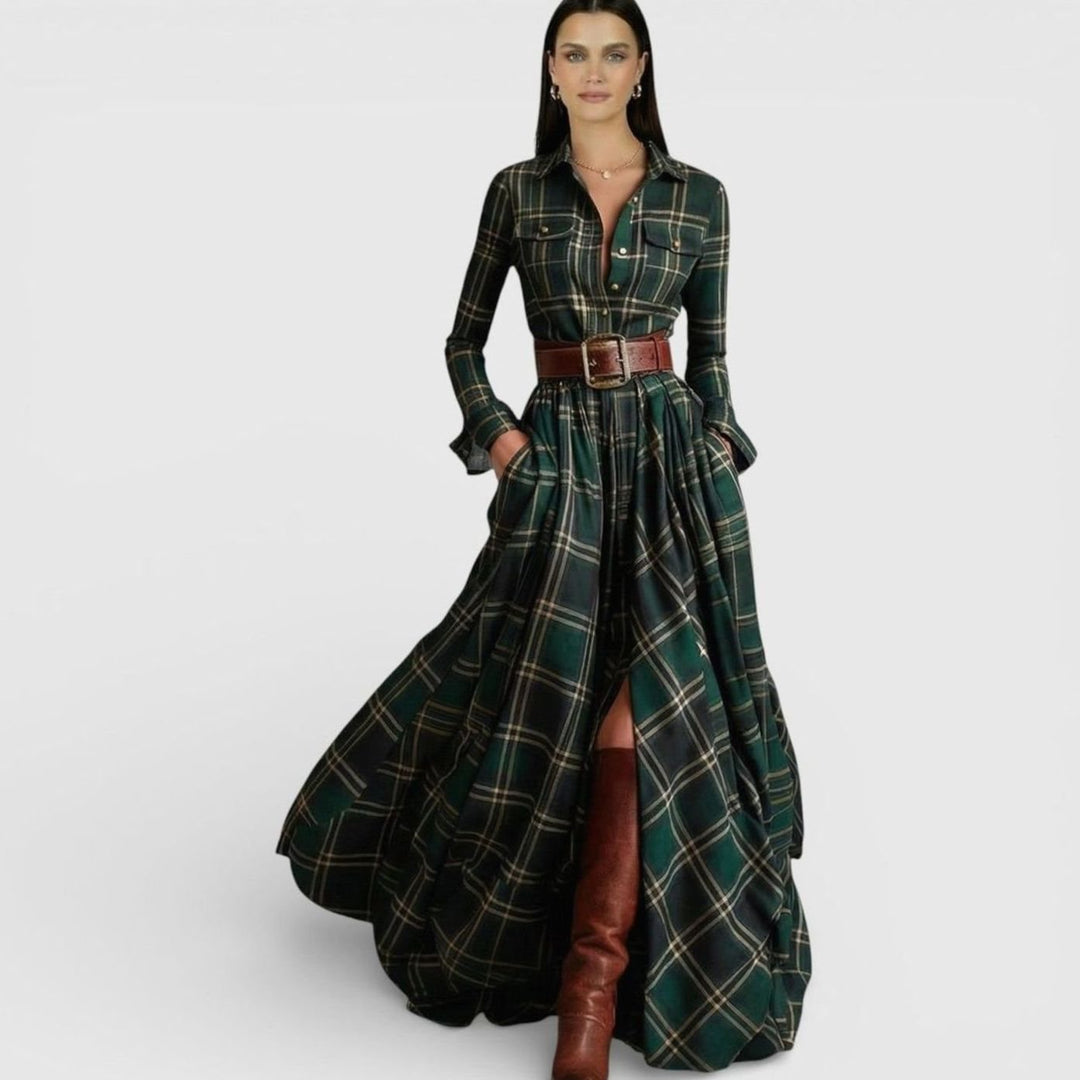 Women's Tartan Belted Long-Sleeve Flared Maxi Shirt Dress, Brown