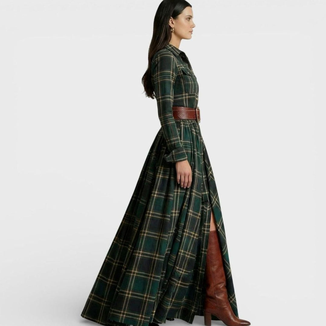 Women's Tartan Belted Long-Sleeve Flared Maxi Shirt Dress, Brown