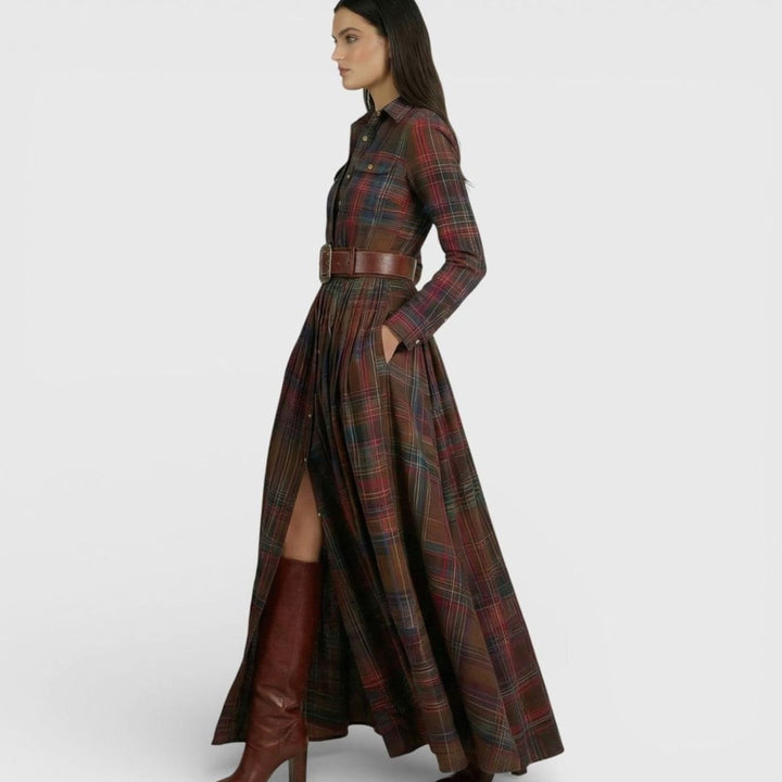 Women's Tartan Belted Long-Sleeve Flared Maxi Shirt Dress, Brown