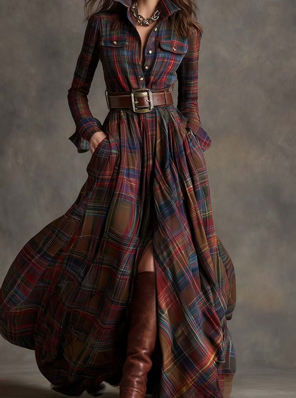 Women's Tartan Plaid Belted Button-Up Maxi Shirt Dress - Dark Brown