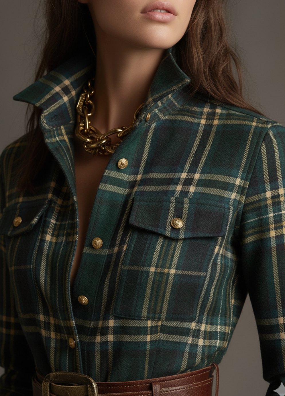 Women's Tartan Plaid Belted Button-Up Maxi Shirt Dress