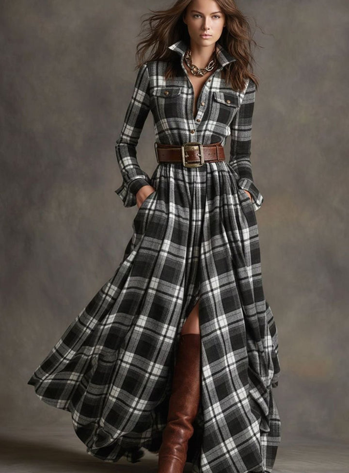 Women's Tartan Plaid Belted Button-Up Maxi Shirt Dress