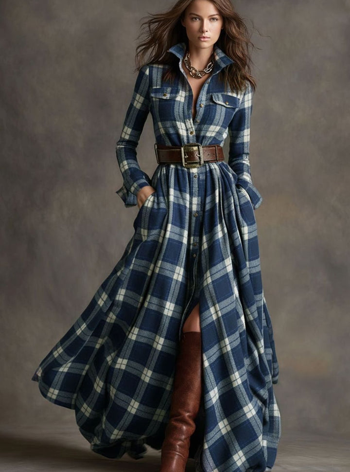 Women's Tartan Plaid Belted Button-Up Maxi Shirt Dress