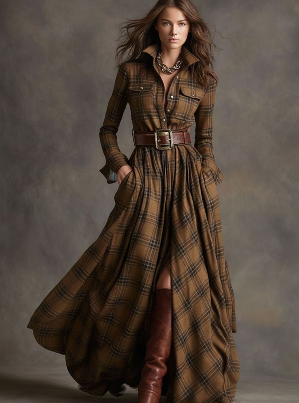 Women's Tartan Plaid Belted Button-Up Maxi Shirt Dress