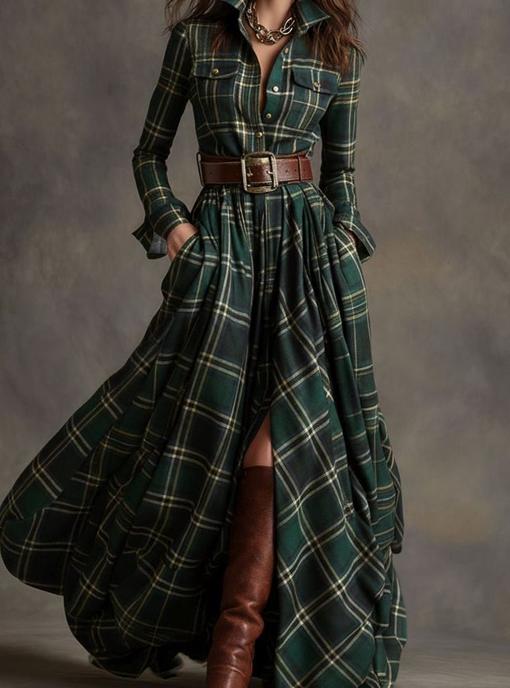 Women's Tartan Plaid Belted Button-Up Maxi Shirt Dress - Green
