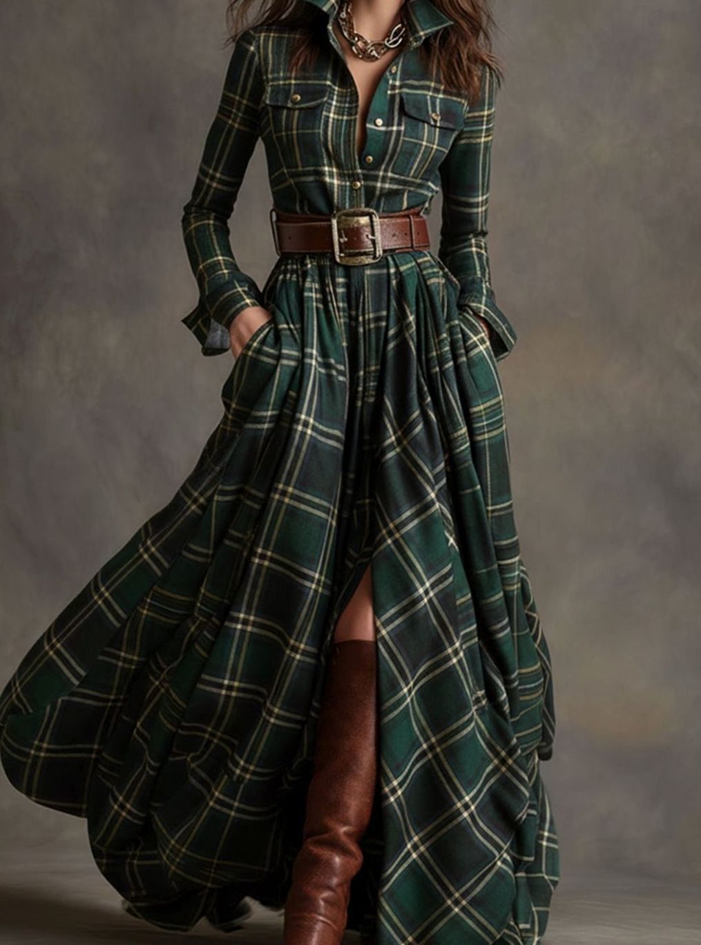 Women's Tartan Plaid Belted Button-Up Maxi Shirt Dress - Green