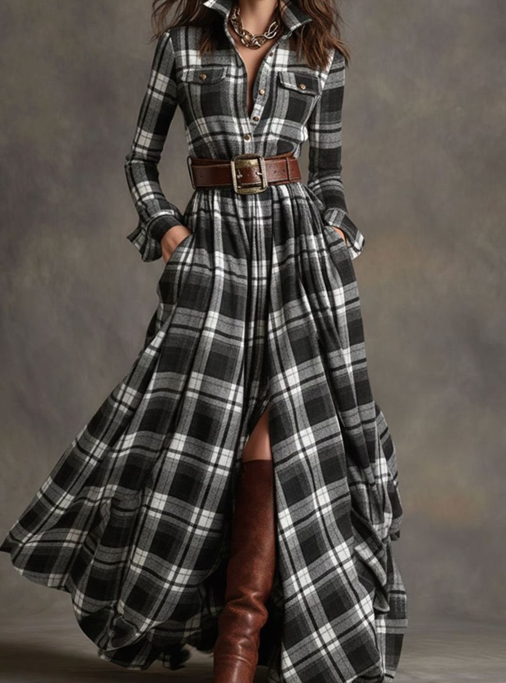 Women's Tartan Plaid Belted Button-Up Maxi Shirt Dress - Black