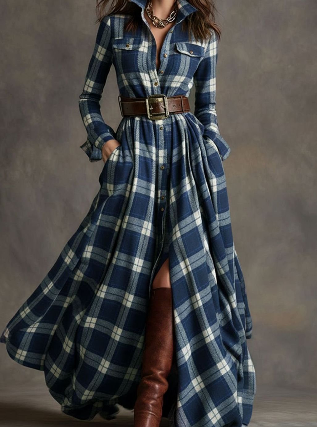 Women's Tartan Plaid Belted Button-Up Maxi Shirt Dress - Blue