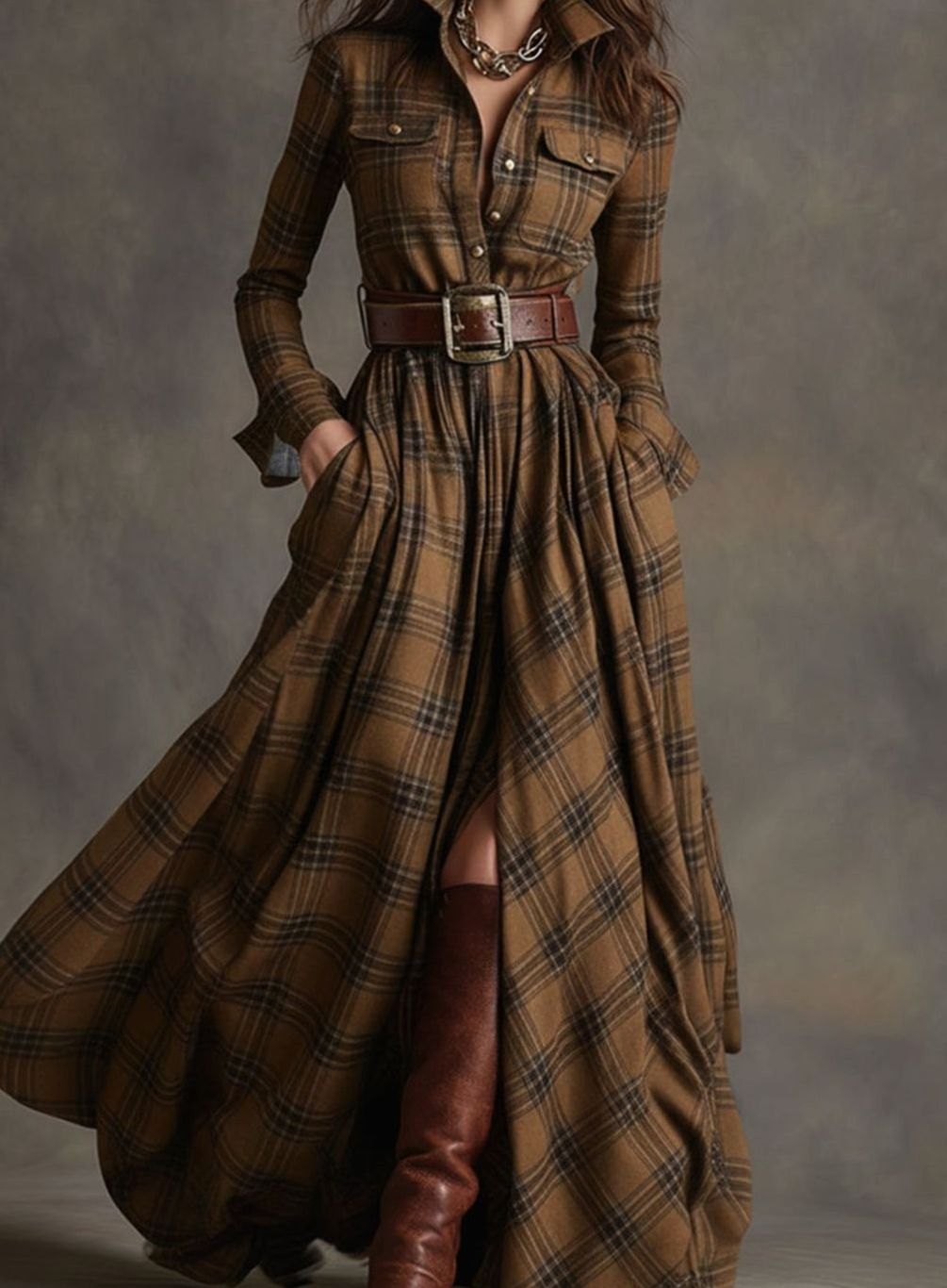 Women's Tartan Plaid Belted Button-Up Maxi Shirt Dress - Brown
