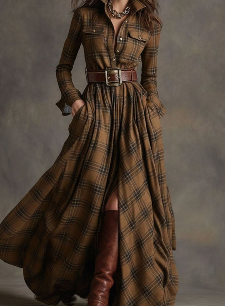 Women's Tartan Plaid Belted Button-Up Maxi Shirt Dress - Brown