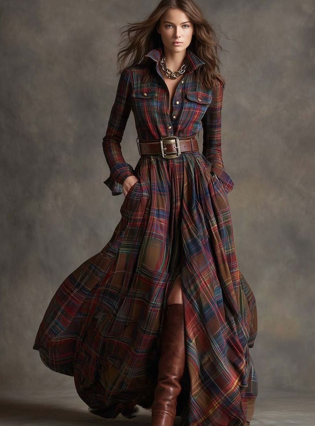 Women's Tartan Plaid Belted Button-Up Maxi Shirt Dress