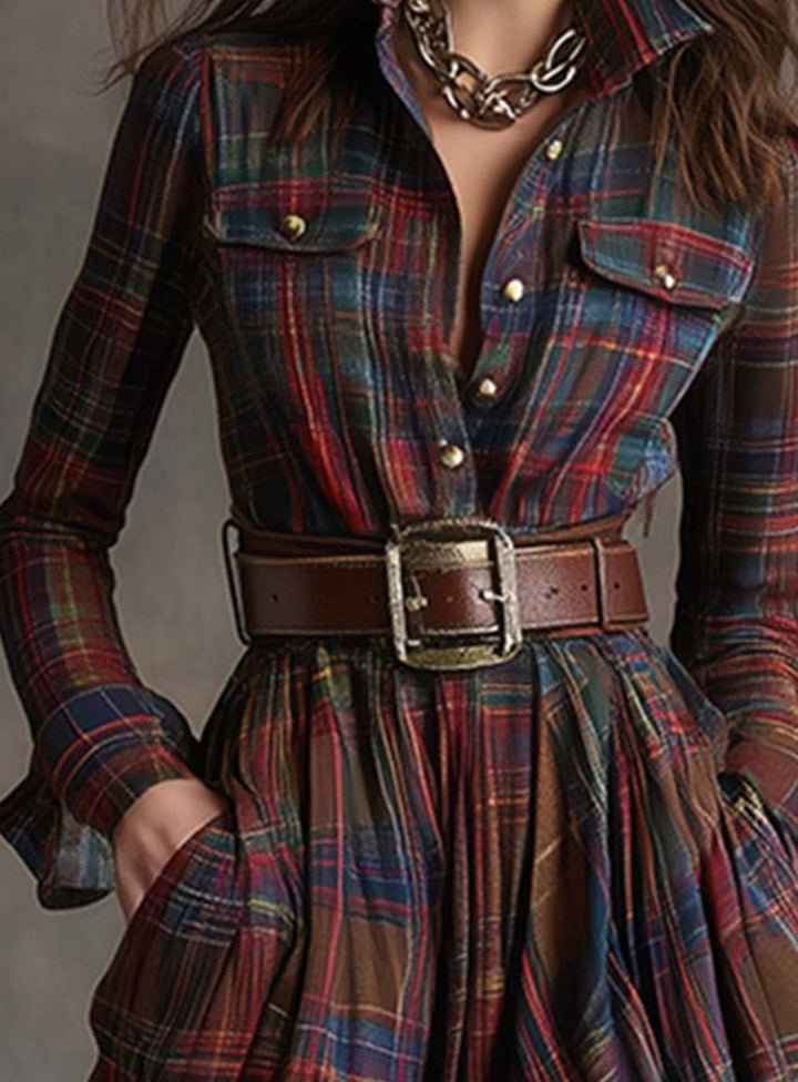 Women's Tartan Plaid Belted Button-Up Maxi Shirt Dress
