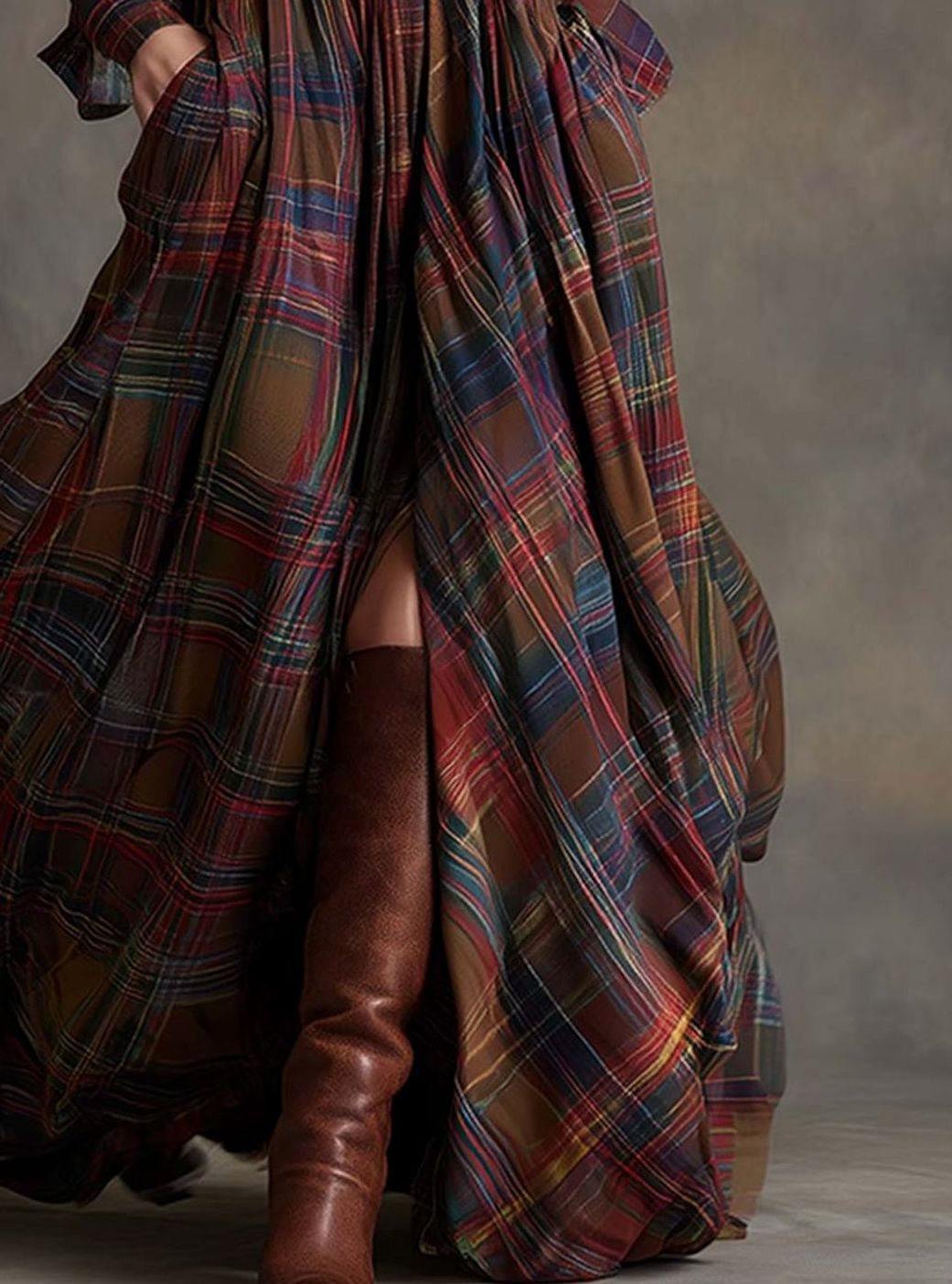 Women's Tartan Plaid Belted Button-Up Maxi Shirt Dress