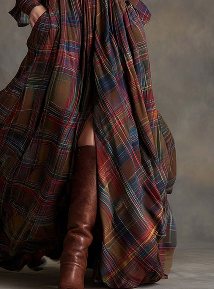 Women's Tartan Plaid Belted Button-Up Maxi Shirt Dress