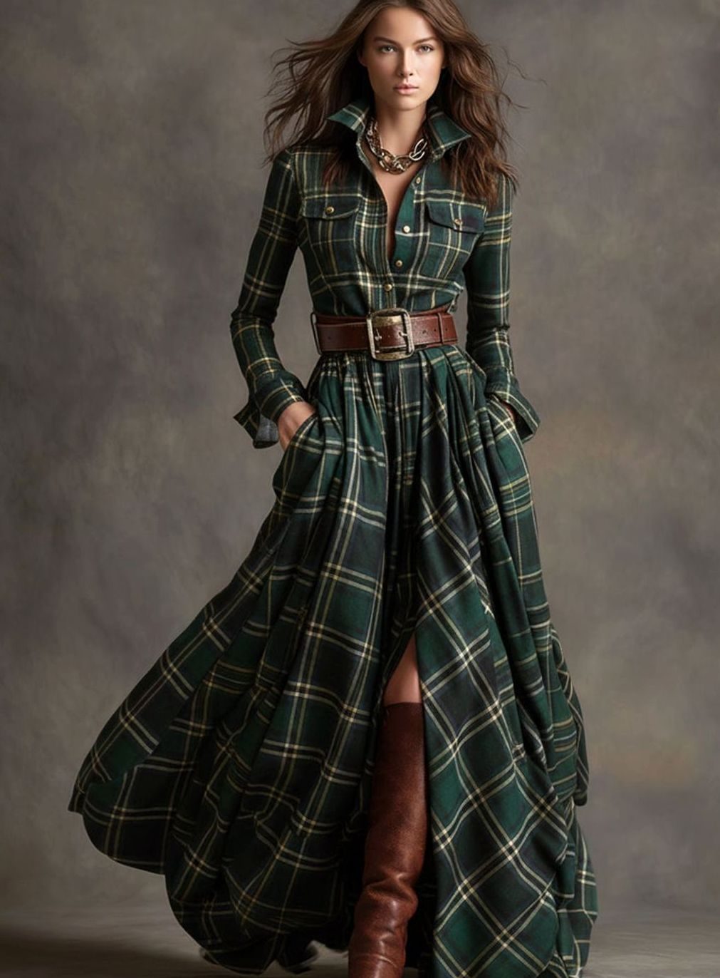 Women's Tartan Plaid Belted Button-Up Maxi Shirt Dress