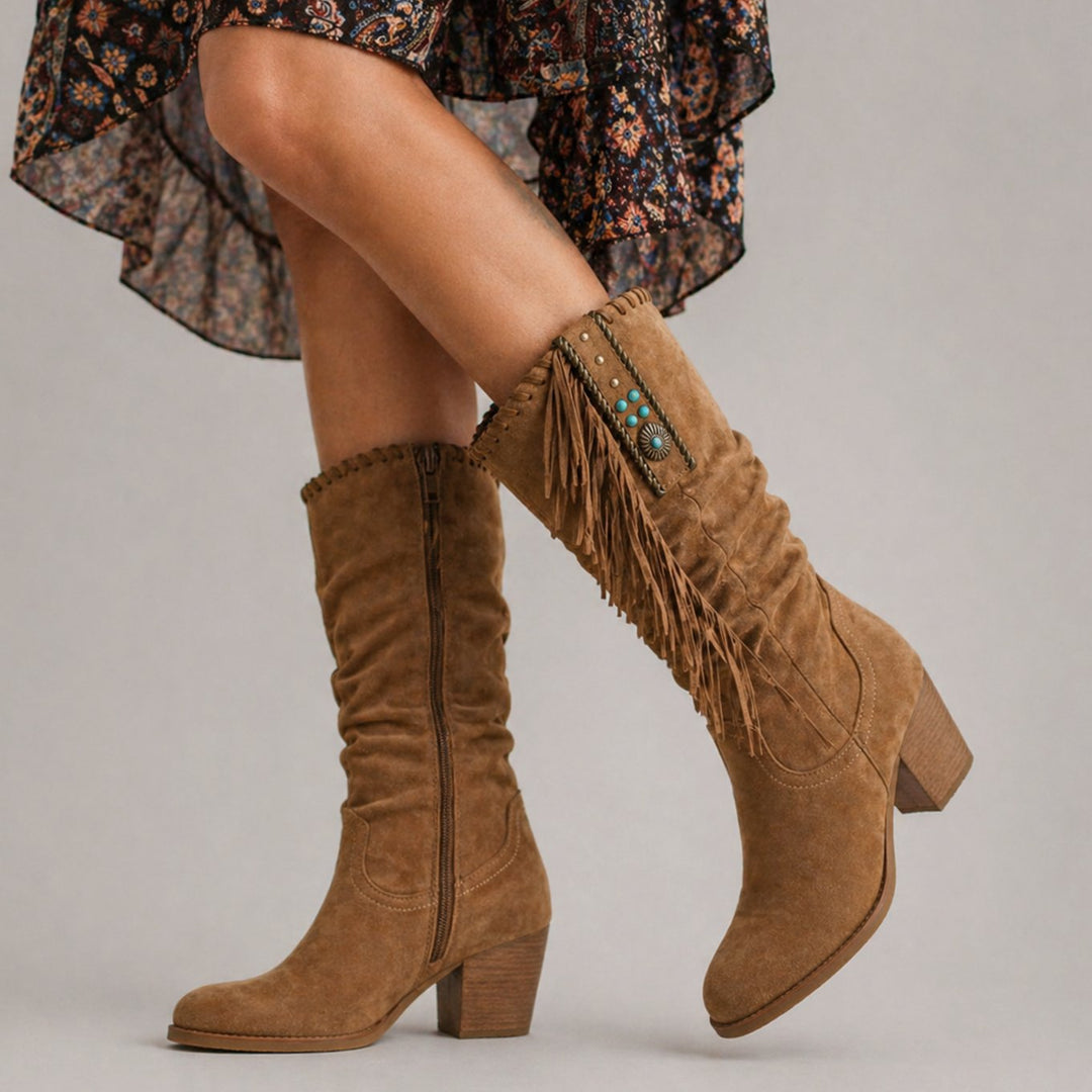 Women's Tassel Cowboy Fringe Mid-Calf Block-Heel Western Boots